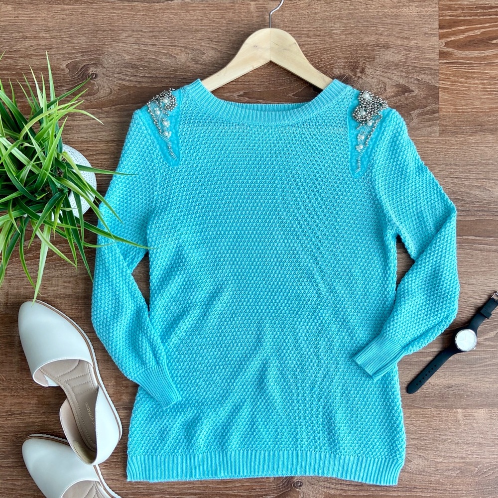 Cato Light Blue Sweater with Jeweled Shoulders 💎